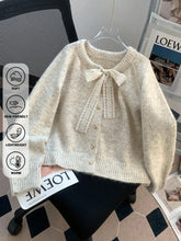 Elegant Lace Bow Knit Cardigan With Heart Buttons