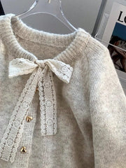 Elegant Lace Bow Knit Cardigan With Heart Buttons