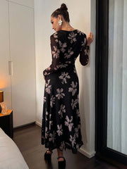 Women's Elegant Floral Print Mesh Ruched Square Neck Long Sleeve Fitted Waist Midi Dress