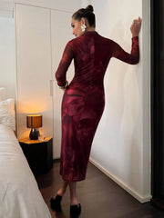 Red Floral Print High Neck Semi-Sheer Long Sleeve Ruched Fitted Dress