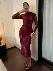 Red Floral Print High Neck Semi-Sheer Long Sleeve Ruched Fitted Dress