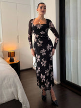 Women's Elegant Floral Print Mesh Ruched Square Neck Long Sleeve Fitted Waist Midi Dress