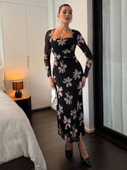 Women's Elegant Floral Print Mesh Ruched Square Neck Long Sleeve Fitted Waist Midi Dress