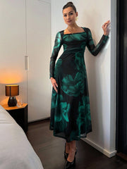 Green Abstract Tie Dye Floral Print Square Neck Semi-Sheer Long Sleeve Ruched Waist Flared Midi Dress