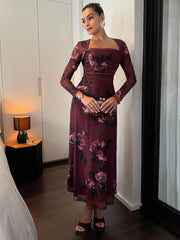 Romantic Floral Print Square Neck Long Sleeve Waist Flared Midi Dress