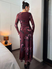 Romantic Floral Print Square Neck Long Sleeve Waist Flared Midi Dress