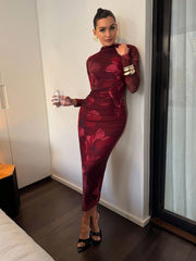 Red Floral Print High Neck Semi-Sheer Long Sleeve Ruched Fitted Dress