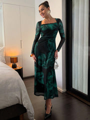 Green Abstract Tie Dye Floral Print Square Neck Semi-Sheer Long Sleeve Ruched Waist Flared Midi Dress