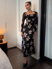 Women's Elegant Floral Print Mesh Ruched Square Neck Long Sleeve Fitted Waist Midi Dress