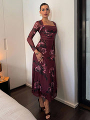 Romantic Floral Print Square Neck Long Sleeve Waist Flared Midi Dress