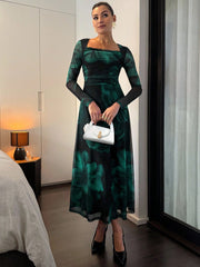 Green Abstract Tie Dye Floral Print Square Neck Semi-Sheer Long Sleeve Ruched Waist Flared Midi Dress