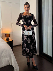 Women's Elegant Floral Print Mesh Ruched Square Neck Long Sleeve Fitted Waist Midi Dress