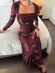 Romantic Floral Print Square Neck Long Sleeve Waist Flared Midi Dress
