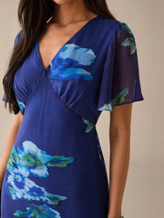 Women's Floral Print V-Neck Elegant Short Sleeve Dress