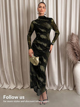 Black & Coffee Abstract Print Long Sleeve Fitted Dress