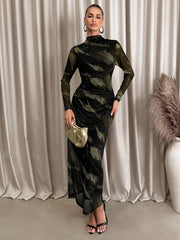 Black & Coffee Abstract Print Long Sleeve Fitted Dress