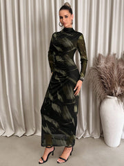 Black & Coffee Abstract Print Long Sleeve Fitted Dress