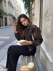 Lapel Zipper Dark Coffee Color Leather Jacket