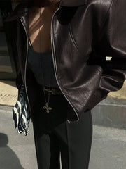 Lapel Zipper Dark Coffee Color Leather Jacket