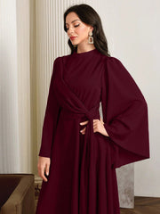 Elegant Solid Color Bell Sleeve Arabic Dress