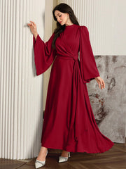 Women Elegant Solid Color Bell Sleeve Arabic Dress