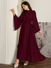Elegant Solid Color Bell Sleeve Arabic Dress