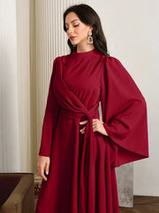 Women Elegant Solid Color Bell Sleeve Arabic Dress