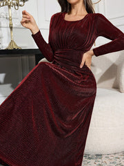 Women Elegant Solid Color Round Neck Long Sleeve Ruched Waist Dress