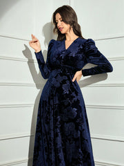 Women V-Neck Crossed Wrap Elegant Long Sleeve Arabian Modest Dress