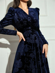 Women V-Neck Crossed Wrap Elegant Long Sleeve Arabian Modest Dress