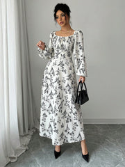 Women's Floral Print Square Collar Lantern Sleeve Elegant Dress
