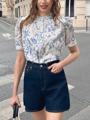 Women's Elegant Casual Collegiate Style Ditsy Floral Ruffle-Trim Short Sleeve Fitted Comfortable Blouse