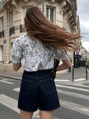 Women's Elegant Casual Collegiate Style Ditsy Floral Ruffle-Trim Short Sleeve Fitted Comfortable Blouse