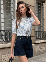 Women's Elegant Casual Collegiate Style Ditsy Floral Ruffle-Trim Short Sleeve Fitted Comfortable Blouse