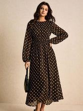 Polka Dot Print Round Neck Lantern Sleeve Ruched Long Dress