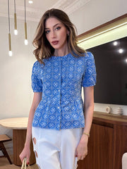 Women's Fashion Short Sleeve Fitted Shirt, Elegant Embroidered Pattern