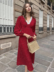 Women's French Style Floral Lace Patchwork Polka Dot Dress