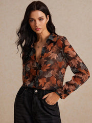 Poéselle Leaf Print Button Front Shirt