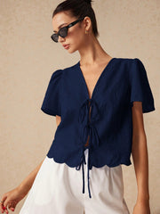 Summer Plain Tie-Front Short Puff Sleeve Blouse
