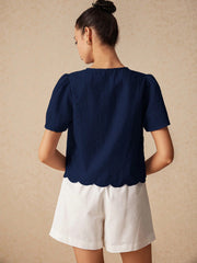 Summer Plain Tie-Front Short Puff Sleeve Blouse