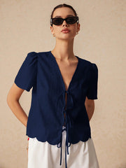 Summer Plain Tie-Front Short Puff Sleeve Blouse