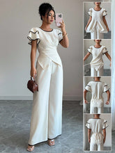 2Pcs Color Contrast Round Neck Waist Tight Lotus Sleeves Asymmetrical Hem set