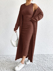 2 pc  Women's Solid Color Long Sleeve Cardigan Jacket & Round Neck Side Slit Hem Slip Dress Set