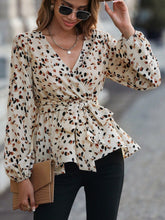 Allover Print Lantern Sleeve Belted Peplum Blouse