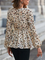 Allover Print Lantern Sleeve Belted Peplum Blouse