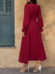 V-Neck Waist Gathered A-Line Ruffle Hem Long Sleeve Dress