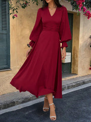 V-Neck Waist Gathered A-Line Ruffle Hem Long Sleeve Dress