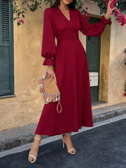 V-Neck Waist Gathered A-Line Ruffle Hem Long Sleeve Dress