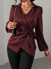 Shiny Fabric Shirt With Side Tie And Puff Sleeve