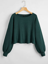 Ribbed Long Sleeve Semi-Cropped Green T-Shirt